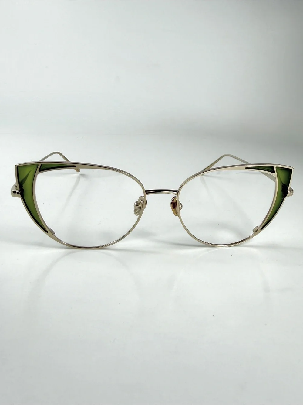 Linda Farrow Luxe Des Voeux Cat Eye Glasses Gold Green LFL855 C14 NWT Full Set